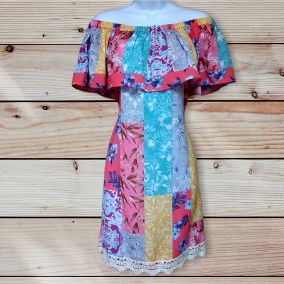 UMGEE | PATCHWORK PAISLEY COLORFUL BOHO BEACHY  OFF THE SHOULDER STRAPLESS DRESS - Picture 5 of 16